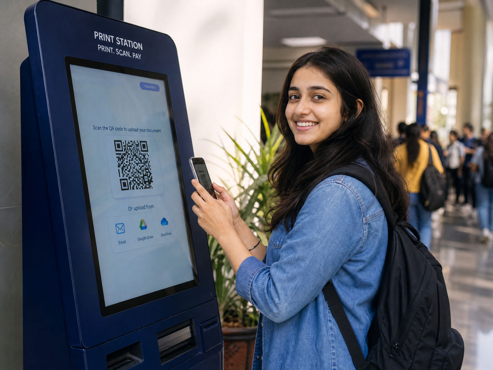 Student using A4Station Printing Kiosk at College Campus